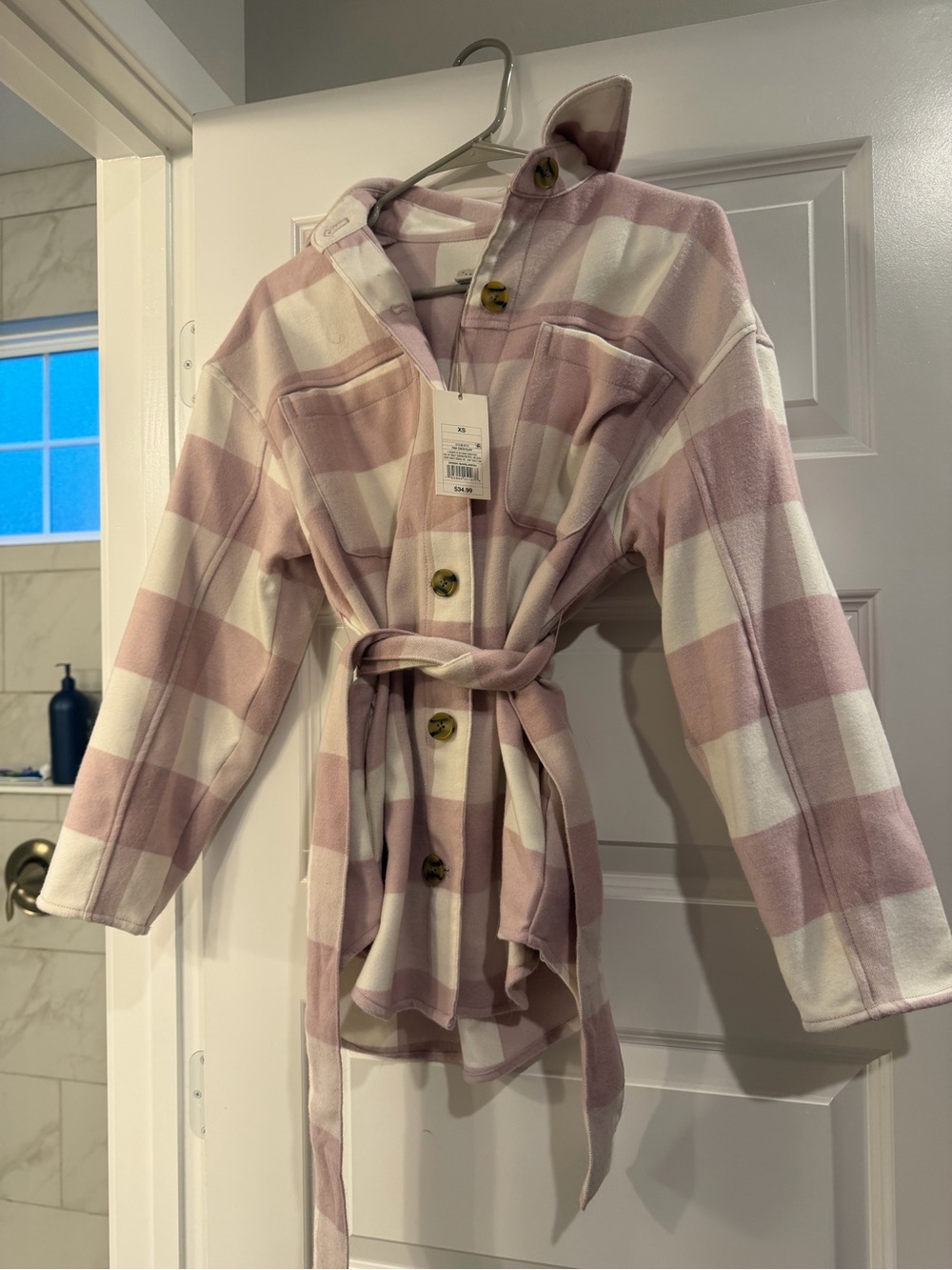 NWT a new day Plaid Belted Shacket Jacket - Mauve Pink & White XS